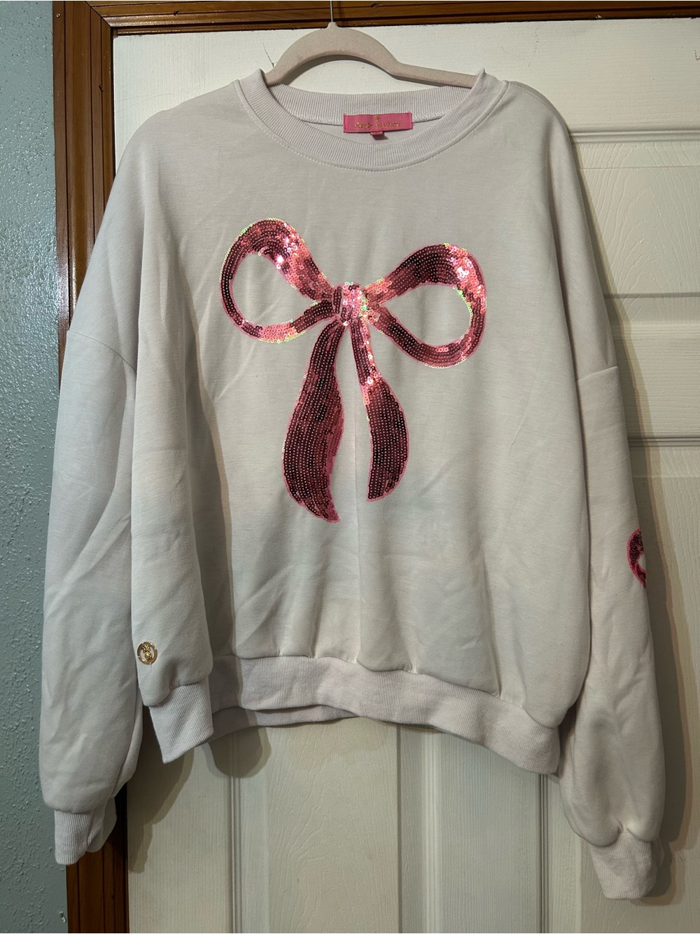 Simply Southern Cream Sweatshirt with Pink Sequin Bow